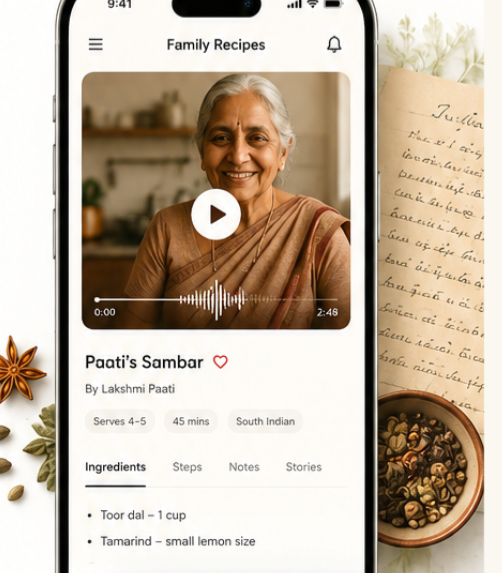 Paati's Sambar recipe playing on the CuminJar app, framed with star anise, cardamom pods and a handwritten recipe page